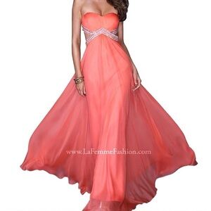 La Femme Open Back Chiffon Coral Gown